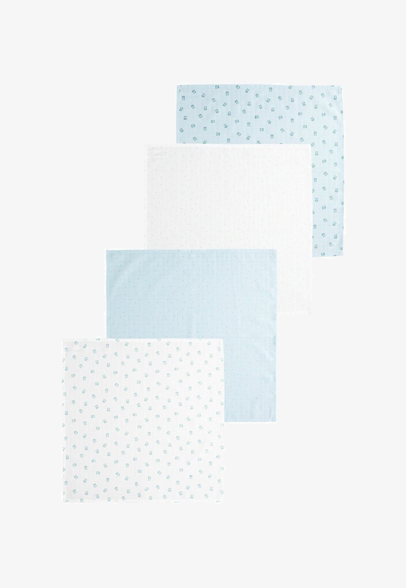 Négy terítő: kettő világoskék mintákkal, egy fehér kis kék pöttyökkel, és egy fehér virágmintás. Mindegyik sima textúrájú.