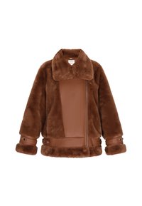 Bruine faux fur en leren jas met een brede kraag, asymmetrische rits, gespen op de mouwen en zoom, ontworpen voor koud weer.