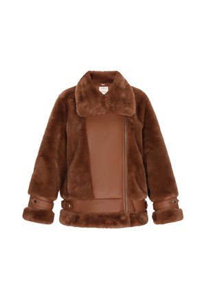 Braune Kunstpelz- und Lederjacke mit breitem Kragen, asymmetrischem Reißverschluss und Schnallen-Details an den Ärmeln und am Saum, entworfen für kaltes Wetter.