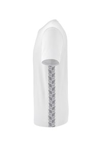 Witte t-shirt met korte mouwen, voorzien van een grijs bladerenpatroon dat verticaal aan de linkerkant is afgedrukt. Standaard pasvorm met een ronde halslijn.
