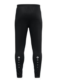 Schwarze Sportleggings aus dehnbarem Material, mit eng anliegender Form und reflektierenden runden Akzenten an den unteren Seiten.