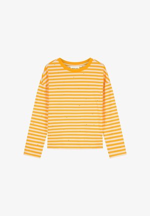 Geel-wit gestreept shirt met lange mouwen, ronde halslijn en kleine verspreide strass-steentjes.