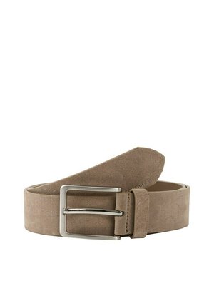Suede belt in light brown with a rectangular silver metal buckle and a smooth texture. Features a tapered end and multiple adjustment holes.