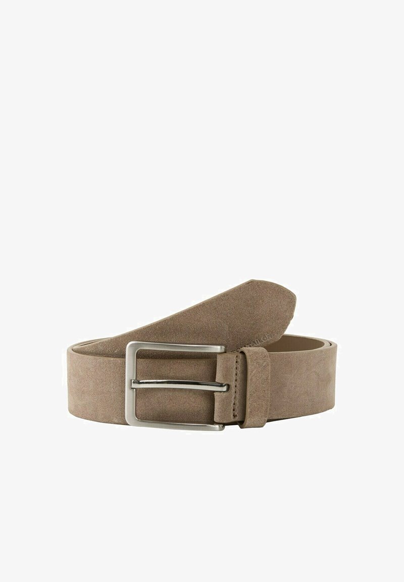 Suede belt in light brown with a rectangular silver metal buckle and a smooth texture. Features a tapered end and multiple adjustment holes.