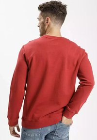 Czerwona bluza z okrągłym dekoltem i długimi rękawami, charakteryzująca się gładkim materiałem i luźnym krojem, widocznymi szwami oraz ściągaczami przy rękawach.