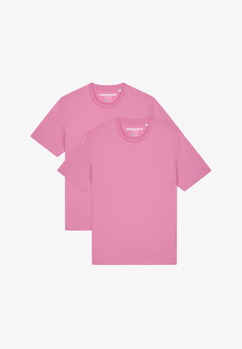 Pack of two pink cotton T-shirts. Short sleeves, crew neck, smooth texture, and even stitching. Lightweight fabric suitable for casual wear.