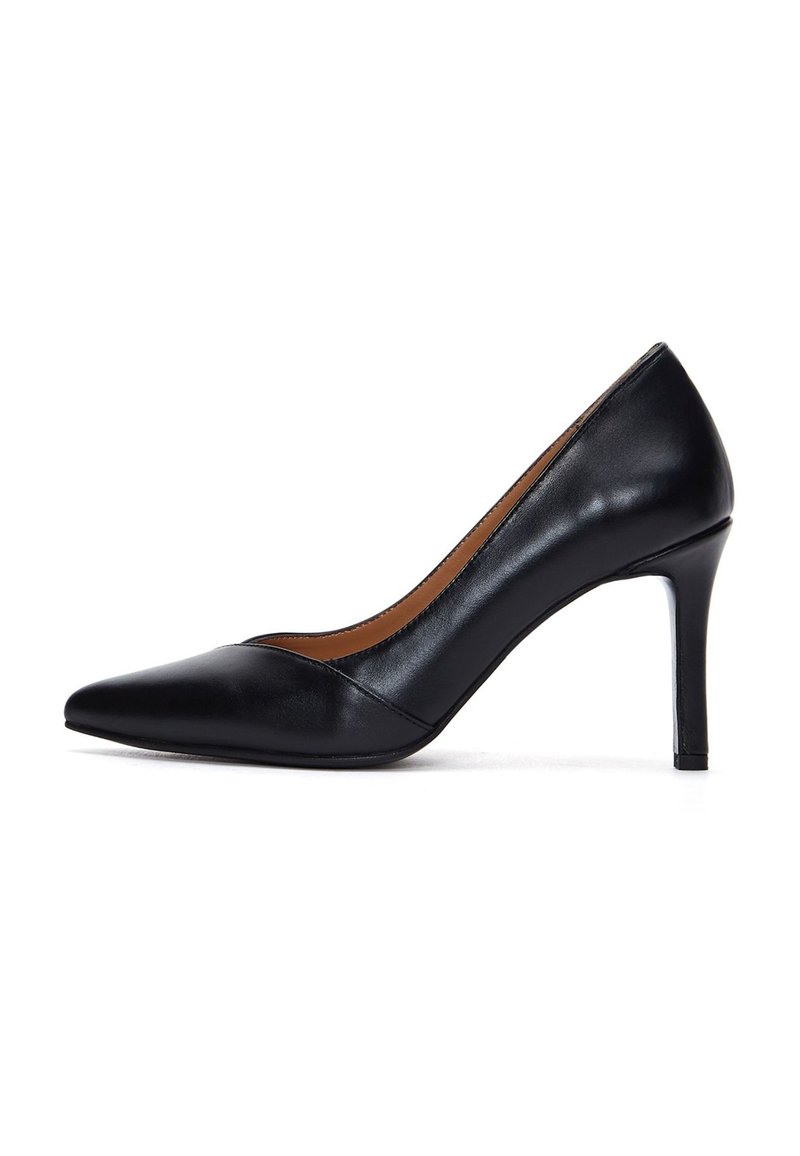 Black leather high heel pump with a pointed toe and a smooth texture. Features a slender heel and minimal detailing for a sleek design.