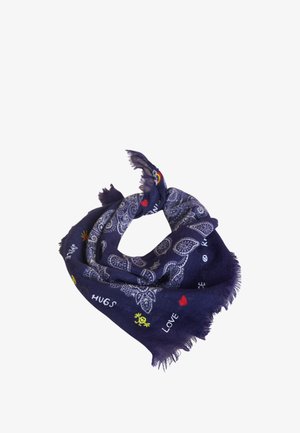 Marineblaues Tuch mit Paisleymuster, bestickter Text in Weiß und kräftigen Farben, Fransenränder, leichtes Gewebe für vielseitige Stylingmöglichkeiten.