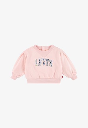 Sudadera de algodón rosa con mangas abullonadas, puños acanalados y escote en V. Presenta un logo "LEVIS" con un patrón floral en la parte delantera.