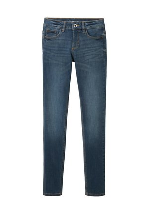 Kitsad teksad tumesinis denimis, klassikalise viie taskuga disainiga, esipaneeliga nööp sulgemine ja peene fade-jälgadega mööda jalgu.