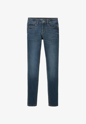 Jeans skinny in denim blu scuro, caratterizzati da un classico design a cinque tasche, chiusura con bottone frontale e leggeri sbiadimenti lungo le gambe.