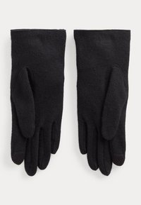 Sorte uldhandsker med en blød tekstur, forlænget design og tilpasset form. Har afrundede fingerspidser og håndledslængde for varme.