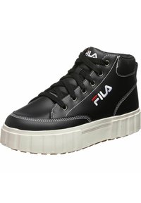 Mustat korkeavartiset tennarit, jotka on valmistettu synteettisestä nahasta, valkoisella ompeleella ja paksulla kerma- värisellä pohjalla. Varustettu mustilla nauhoilla ja logolla sivussa.