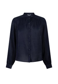 Marineblauwe blouse met knopen, met een staande kraag, lange mouwen en subtiele textuur. Voorzien van een knoopsluiting aan de voorkant en geplooide details op de schouders.