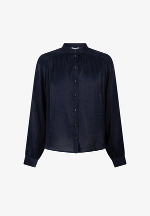 Marineblaue Bluse mit Stehkragen, langen Ärmeln und subtiler Textur. Verfügt über eine Knopfleiste vorne und geraffte Details an den Schultern.