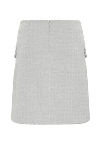 Grå herringbone-kjol med rak silhuett, som har sidofickor och dragkedjestängning bak. Slät, strukturerad tyg, knälång.