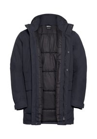 Parka bleu marine avec un intérieur rembourré noir, fermeture éclair et boutons-pression, grande capuche et plusieurs poches extérieures. Tissu lisse et texturé.