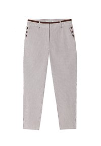 Prugaste hlače v svetlo bež in temno rjavi barvi, s slim fit krojem, stranskimi žepi in tremi dekorativnimi gumbi na vsaki boki.