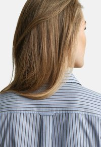 Blau gestreiftes Hemd mit klassischem Kragen und Rückenpasse mit Falte. Der Stoff wirkt glatt mit einer dezenten Textur.