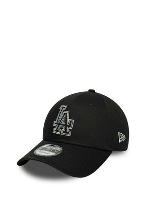 Gorra de béisbol negra ajustable con el logo de LA bordado en blanco en el frente y el logo de New Era en el lateral.