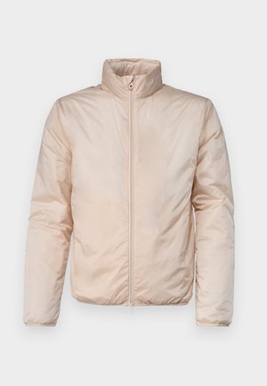 Light beige puffer jacket with a high collar, full zipper, and elastic cuffs. Material appears smooth and slightly shiny with stitching details.