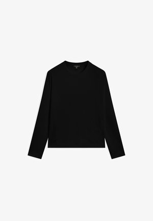 Schwarzes Langarmshirt aus glattem Stoff, mit Rundhalsausschnitt und cropped Saum. Einfaches Design ohne auffällige Muster oder Akzente.