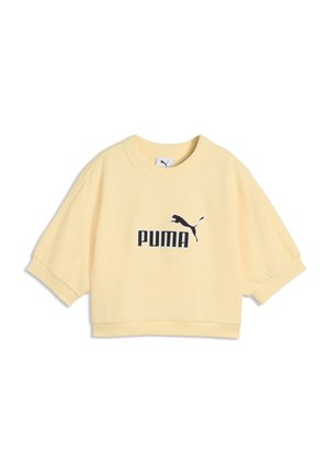 Hellgelbes kurz geschnittenes Sweatshirt mit kurzen Ärmeln und schwarzem Puma-Logo mittig auf der Vorderseite.