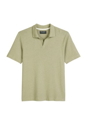 Light green polo shirt made of soft cotton blend. Features a classic collar and short sleeves, with a straight hem and minimal detailing.