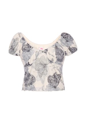 Weißes transparentes Crop-Top mit Puffärmeln, bedruckt mit schwarzen und grauen Schmetterlingen sowie kleinen, über den Stoff verteilten Texten.