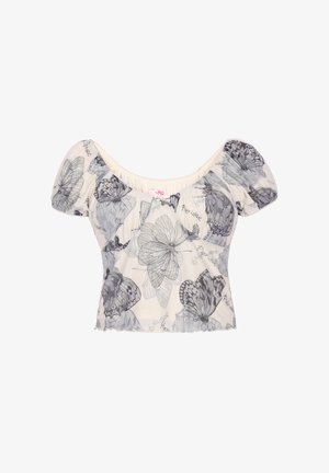 Weißes transparentes Crop-Top mit Puffärmeln, bedruckt mit schwarzen und grauen Schmetterlingen sowie kleinen, über den Stoff verteilten Texten.