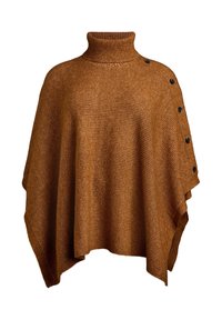 Rdzawoczerwony poncho z wysokim kołnierzem, prążkowaną fakturą i guzikami po bokach. Wykonane z miękkiego, dzianinowego materiału.