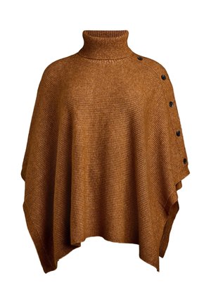 Rūsgana pončo ar augstu apkakli, ribotu tekstūru un pogu akcentiem sānos. Izgatavots no mīksta adīta materiāla.