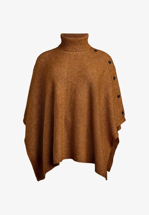 Rūsgana pončo ar augstu apkakli, ribotu tekstūru un pogu akcentiem sānos. Izgatavots no mīksta adīta materiāla.