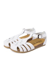 Sandali bianchi con design intrecciato, cinturino regolabile e suola piatta. Sottopiede in sughero texture e suola in gomma per una buona aderenza. Stile semplice e open-toe.