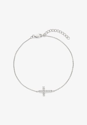 Bracelet chaîne en argent avec pendentif croix horizontale orné de petites pierres précieuses transparentes et fermoir réglable.