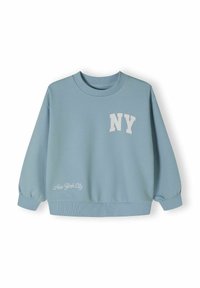 Světle modrá mikina s žebrovanými manžetami a lemem, se bílým nápisem "NY" na přední straně a vyšitým "New York City" na lemu.