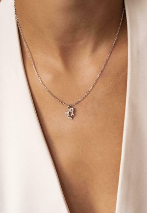 Silberne Halskette mit einer feinen Kette und einem kleinen Anhänger, der dekorative Juwelen in einem floralen Design zeigt.