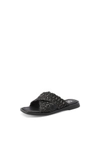 Sandal in tessuto nero a slide con fasce incrociate, suola piatta e dettagli testurizzati. Progettato con materiali sintetici per il comfort.