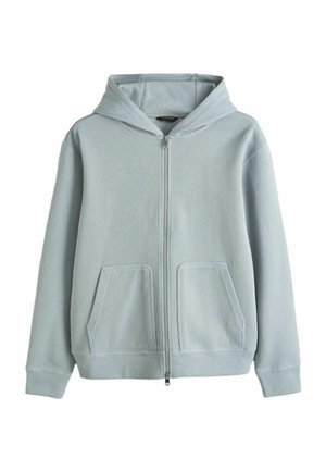 Light blue ribbed zip-up hoodie with front pockets and long sleeves on a white background.
