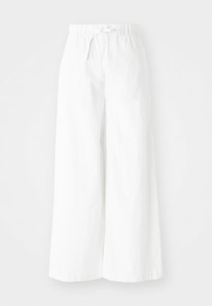 Bílé kalhoty s širokým střihem a elastickým pasem, se zavazováním na přední straně. Vyrobeny z lehkého materiálu, ideální pro volnočasové nošení.