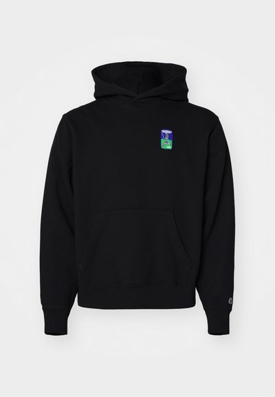 Black pullover hoodie with a kangaroo pocket, ribbed cuffs, and a colorful patch depicting scenery on the chest. Cotton blend material.
