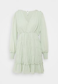Hellgrünes Kleid aus weichem Stoff mit V-Ausschnitt, langen puffärmel, gerüschtem Bund und mehrlagigem Rüschensaum.