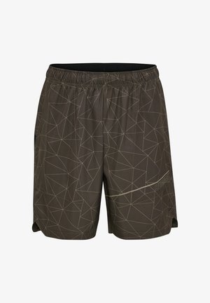 Lekkie szorty w ciemnym brązie z geometrycznym wzorem w beżu. Posiadają elastyczną talię i boczne kieszenie dla wygody.