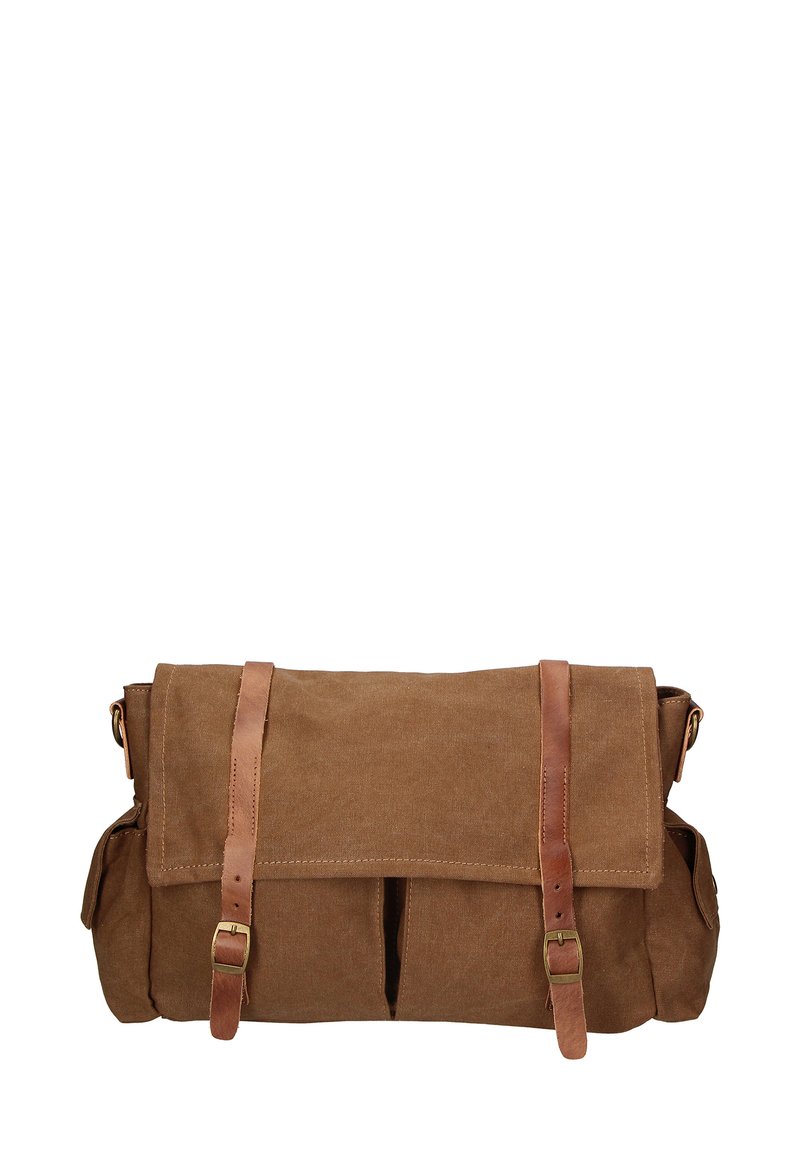 Borsa messenger in tela marrone con cinturini in pelle, due chiusure anteriori a fibbia e tasche laterali. Tessuto testurizzato e design strutturato.