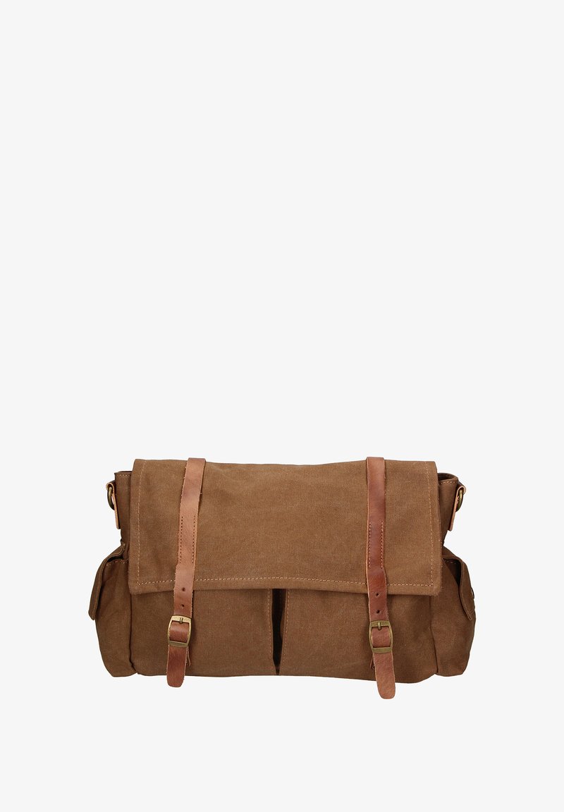 Borsa messenger in tela marrone con cinturini in pelle, due chiusure anteriori a fibbia e tasche laterali. Tessuto testurizzato e design strutturato.