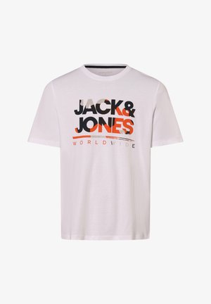 Weißes Baumwoll-T-Shirt mit schwarzem, orangefarbenem und grauem Schriftzug "JACK & JONES WORLDWIDE" in fettem, variierenden Schriftarten. Kurzärmeliger Schnitt, Rundhalsausschnitt.