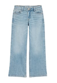 Ljusblå jeans med vida ben gjorda av denim, med knappstängning, fem fickor och subtila blekningar samt sydda fållar.