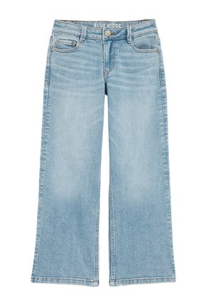 Šviesiai mėlynos, platėjančios kelnės iš džinso audinio, turinčios sagų užsegimą, penkias kišenes ir švelnų blukimą su siūtomis apačiomis.