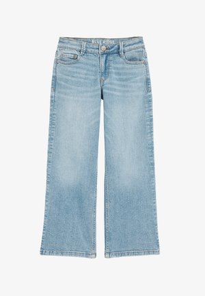 Jeans a gamba larga di colore azzurro chiaro realizzati in denim, con chiusura a bottoni, cinque tasche, leggero effetto sbiadito e orli cuciti.