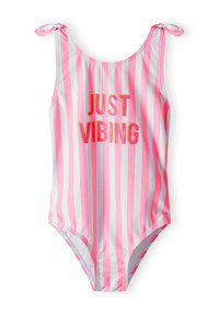 Maillot de bain une pièce rayé en rose et blanc, avec des liens aux épaules et le texte "JUST VIBING" en doré brillant. Tissu doux et extensible.